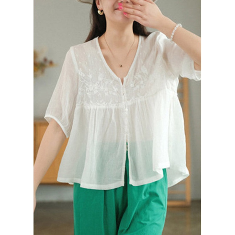 Beautiful White V Neck Embroideried Patchwork Button Linen Shirt Half Sleeve