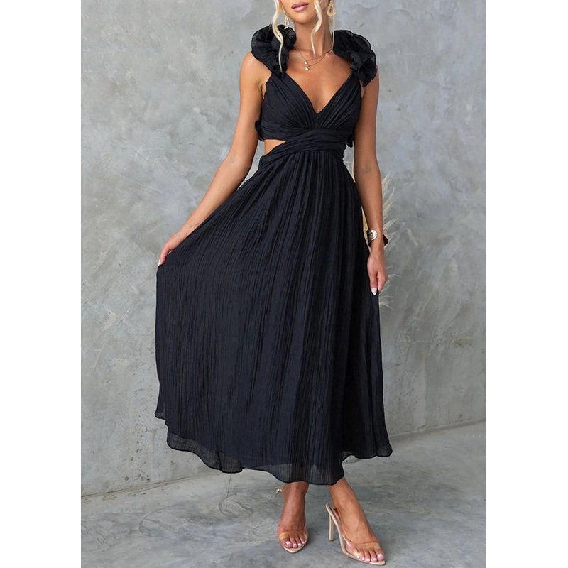Black Floral Elastic Waist Cotton Long Dresses V Neck Sleeveless