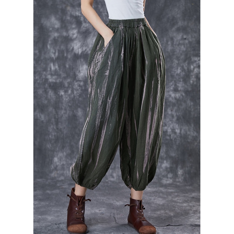 Blackish Green Print Linen Harem Pants Oversized Spring