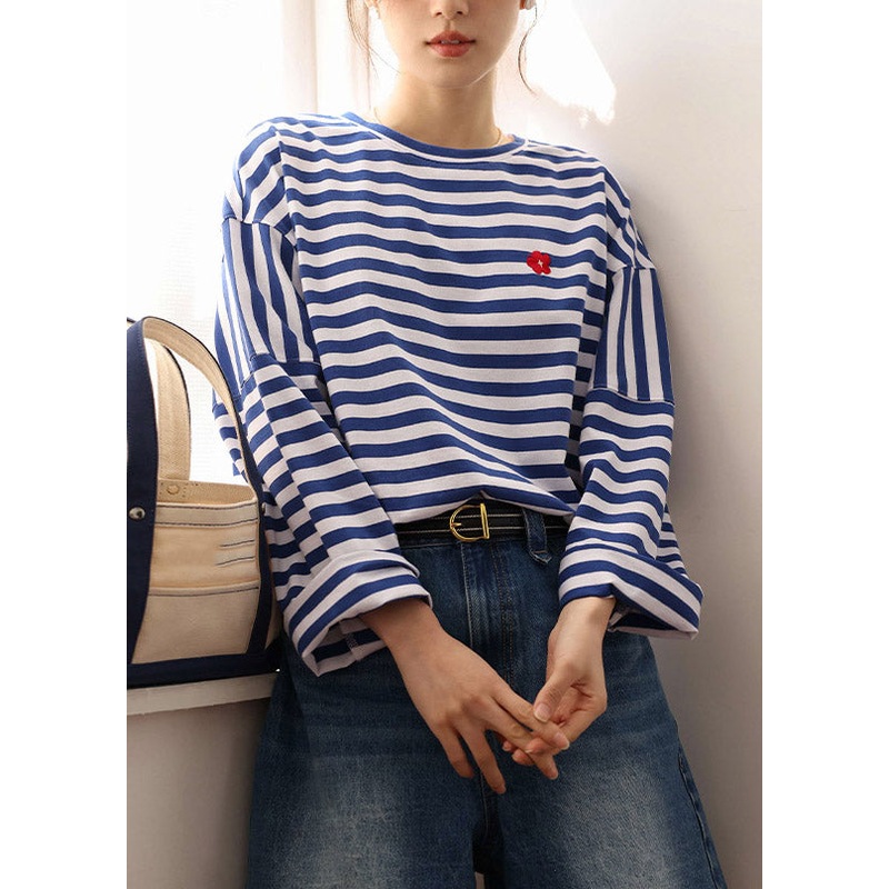 Blue White Striped Embroideried Loose Cotton Top Long Sleeve