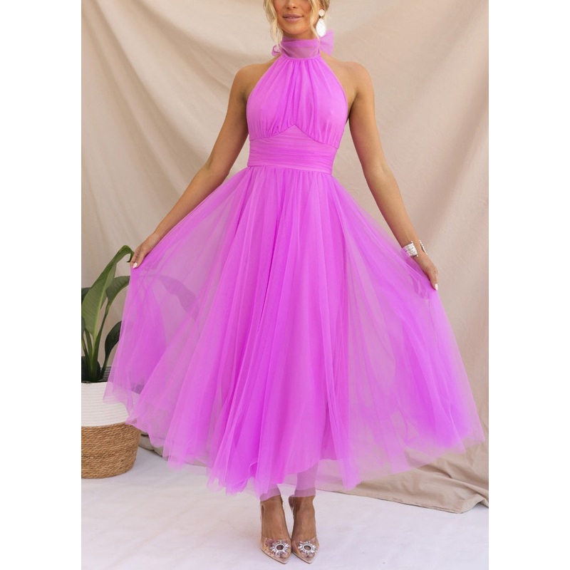 Bohemian Pink Lace Up Zippered Solid Tulle Dresses Sleeveless