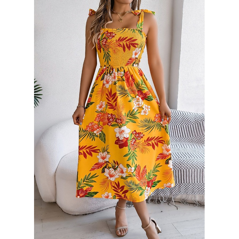 Bohemian Yellow Print Lace Up Cotton Spaghetti Strap Dress Summer