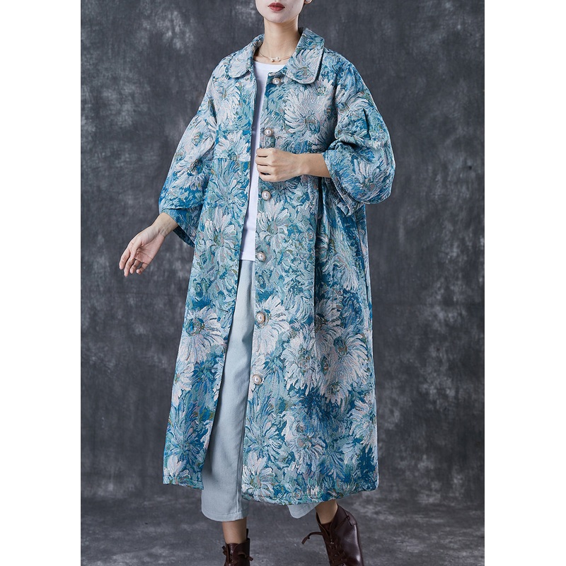 Boutique Blue Oversized Daisy Print Cotton Trench Coats Spring