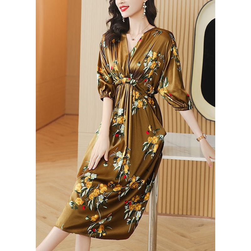 Boutique Yellow V Neck Wrinkled Pockets Print Patchwork Silk Dresses Summer
