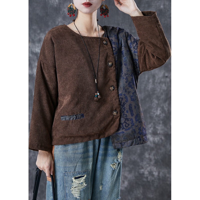 Brown Patchwork Fine Cotton Filled Parka Jacket Asymmetrical Winter