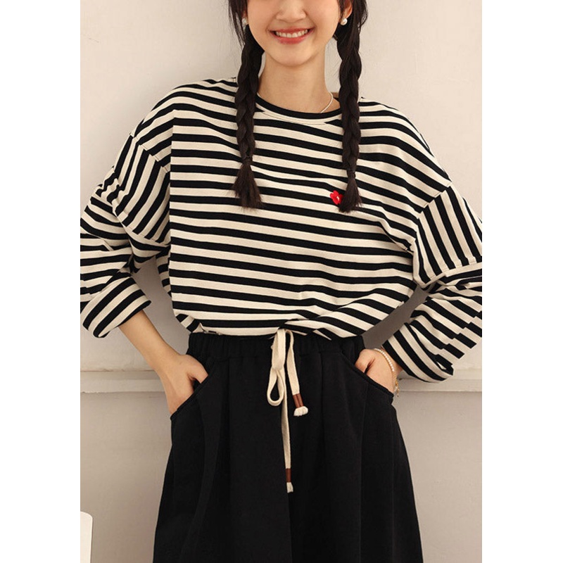 Casual Beige Black Striped O-Neck Cozy Cotton T Shirts Spring