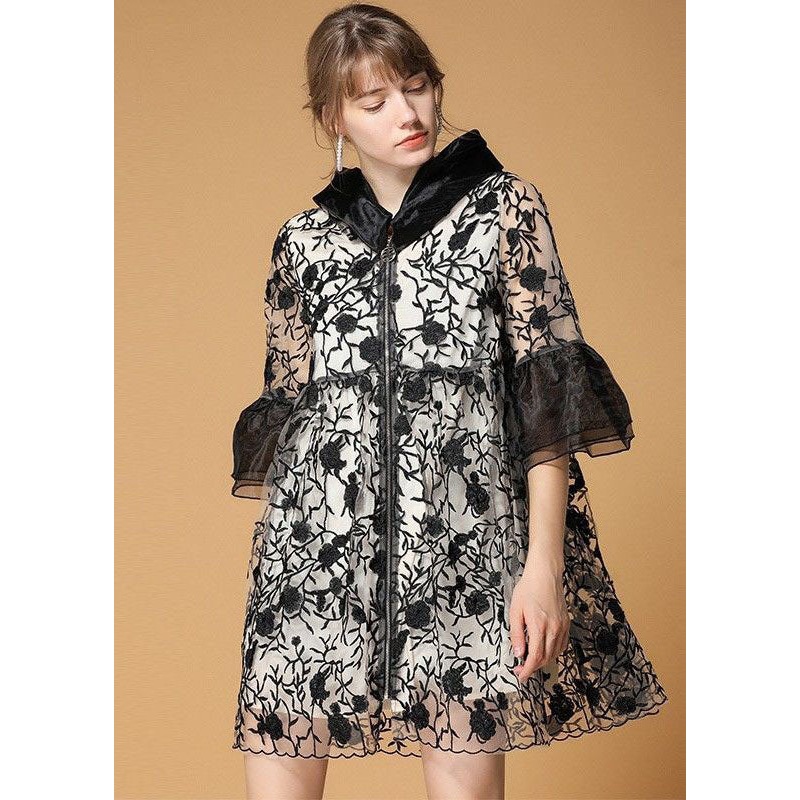 Casual Black Hooded Embroideried Patchwork Organza Coats Half Sleeve