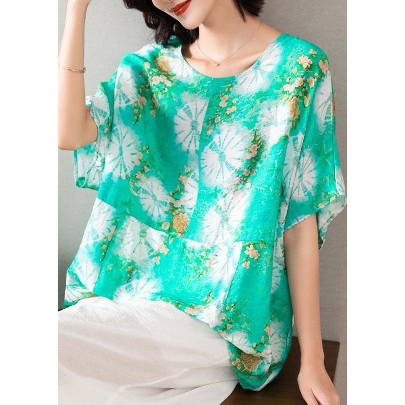 Casual Green O Neck Print Patchwork Silk Blouse Top Batwing Sleeve