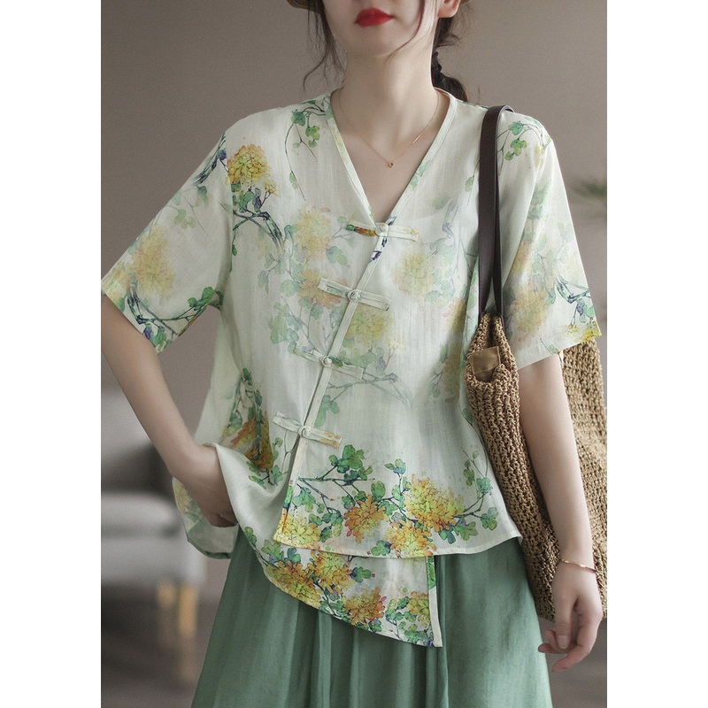 Casual Green V Neck Asymmetrical Print Button Linen Shirts Short Sleeve