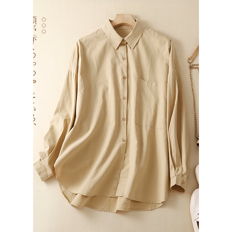 Casual Khaki Oversized With Pocket Cotton Shirts Spring