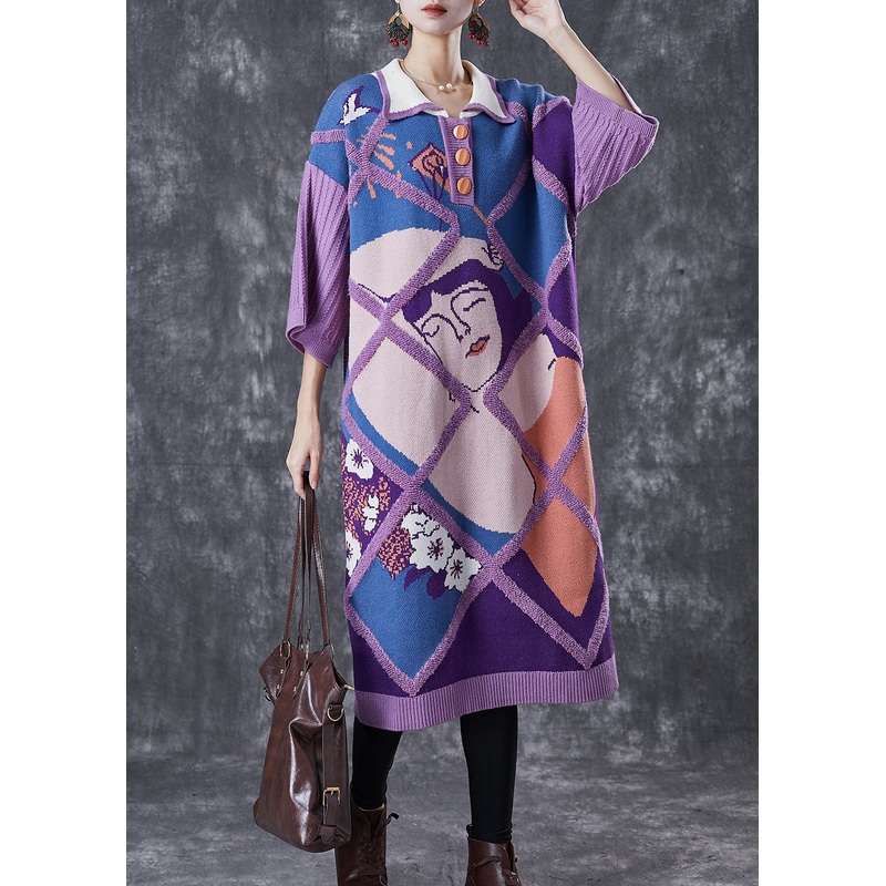 Casual Purple Peter Pan Collar Print Knit Long Sweater Half Sleeve