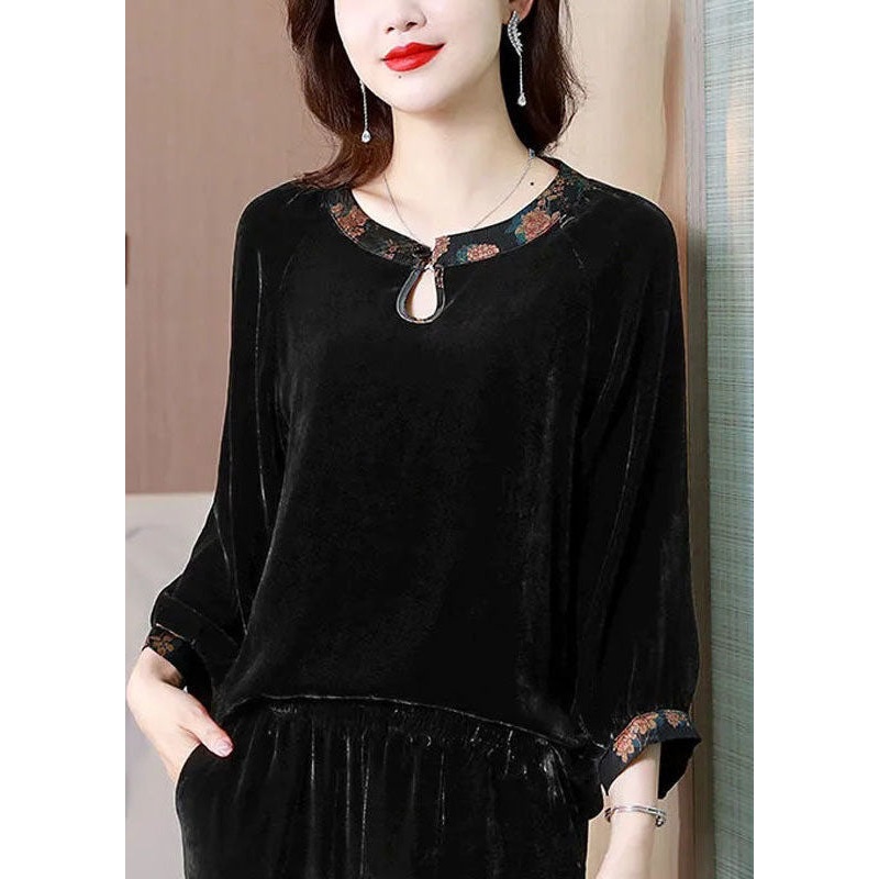 Chic Black O Neck Patchwork Silk Velour Shirts Top Spring