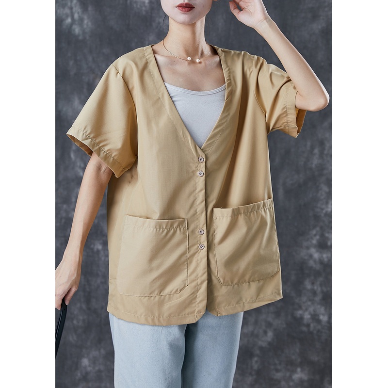 Chic Khaki V Neck Pockets Cotton Shirt Tops Summer