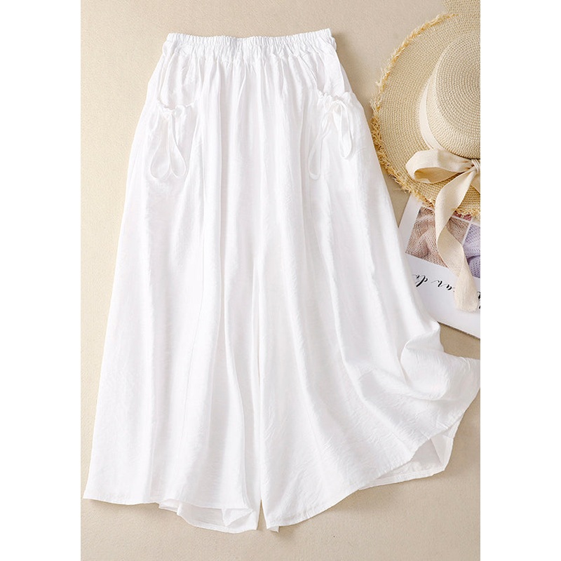 Chic White Elastic Waist Pockets Cotton Wide Leg Pants Summer