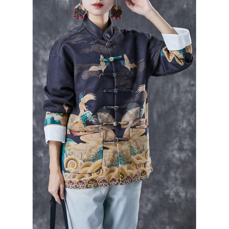Chinese Style Black Print Pockets Cotton Shirts Spring
