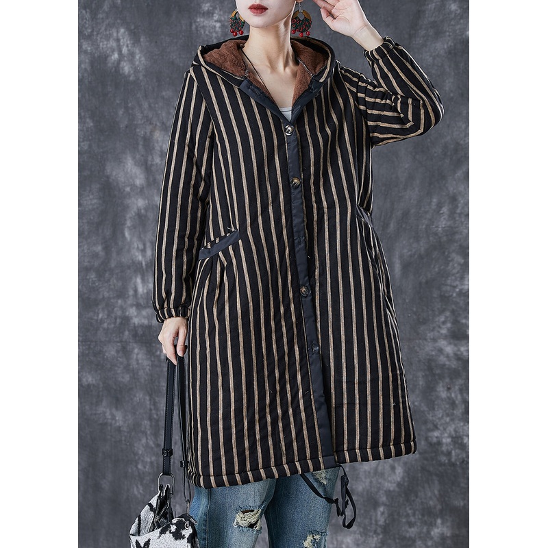 Coffee Striped Warm Fleece Coats Hooded Winter