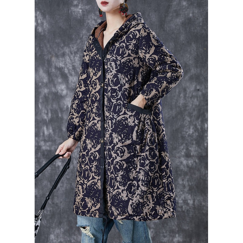 DIY Navy Hooded Print Warm Fleece Coats Winter