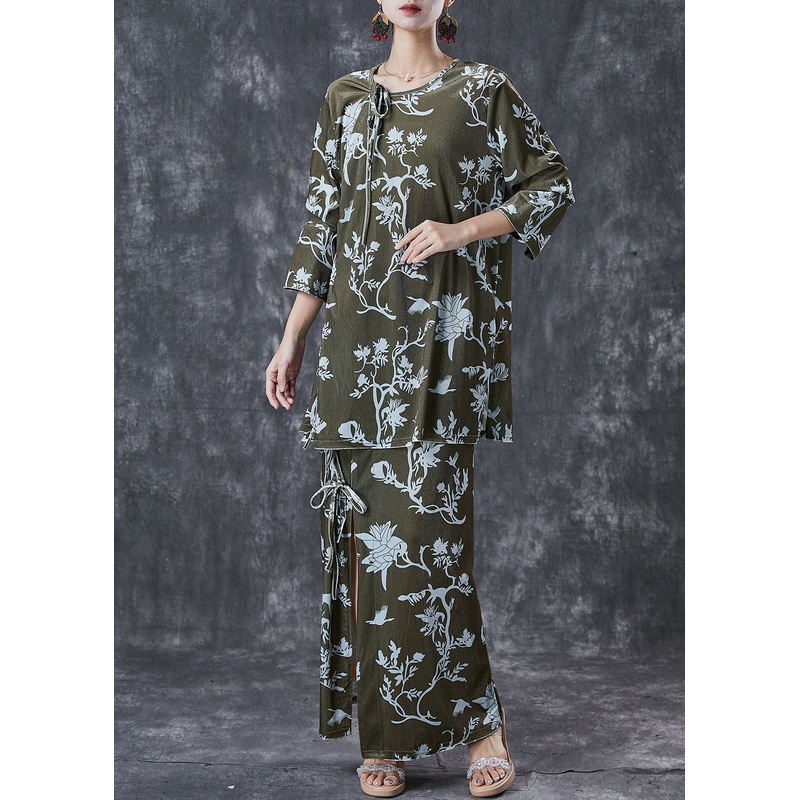 Elegant Green Print Lace Up Side Open Silk Velour Two Pieces Set Spring