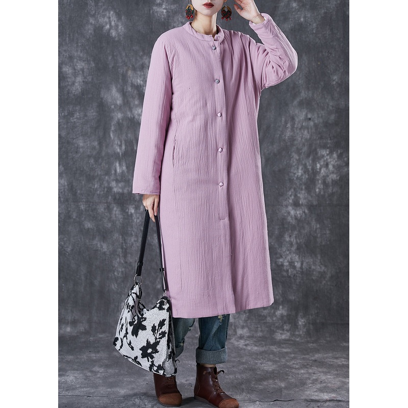 Elegant Purple Pockets Thick Fine Cotton Filled Long Coats Winter