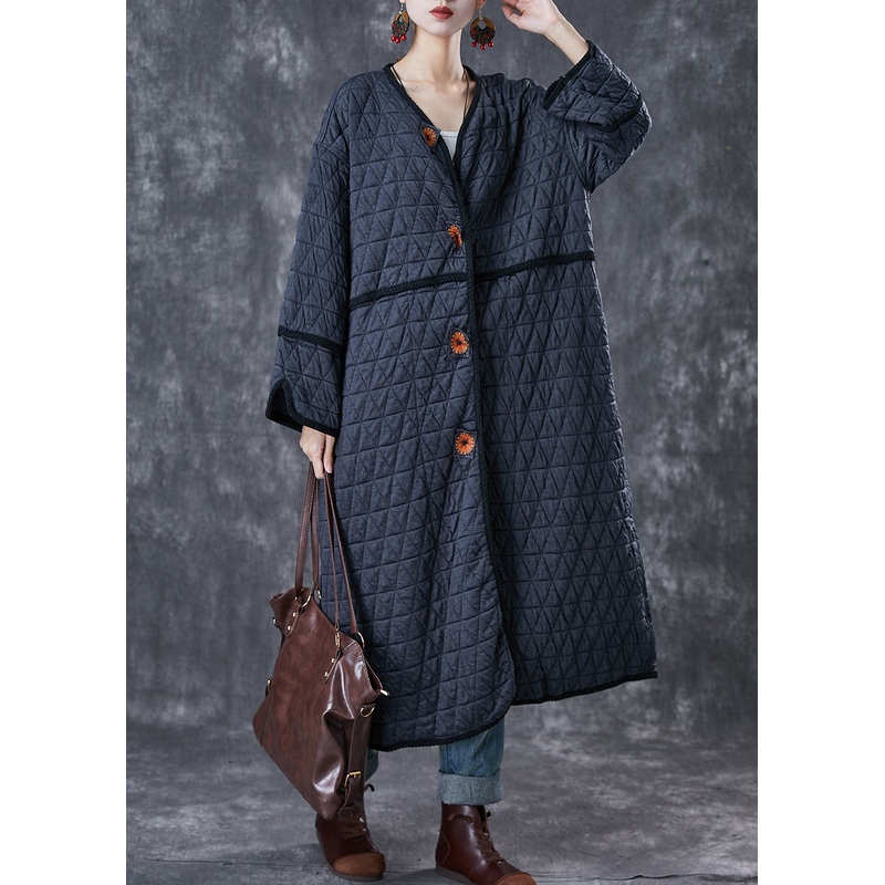 Fine Dull Grey Embroideried Oversized Fine Cotton Filled Coat Winter