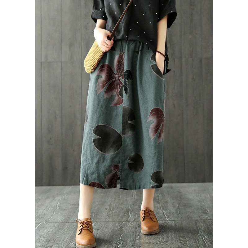 Fitted Blackish Green High Waist Pockets Print Side Open Linen Skirts Summer