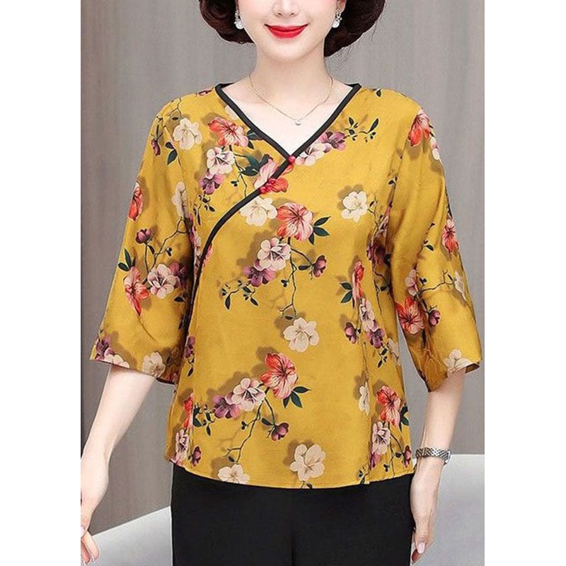 French Yellow V Neck Print Patchwork Silk Top Summer