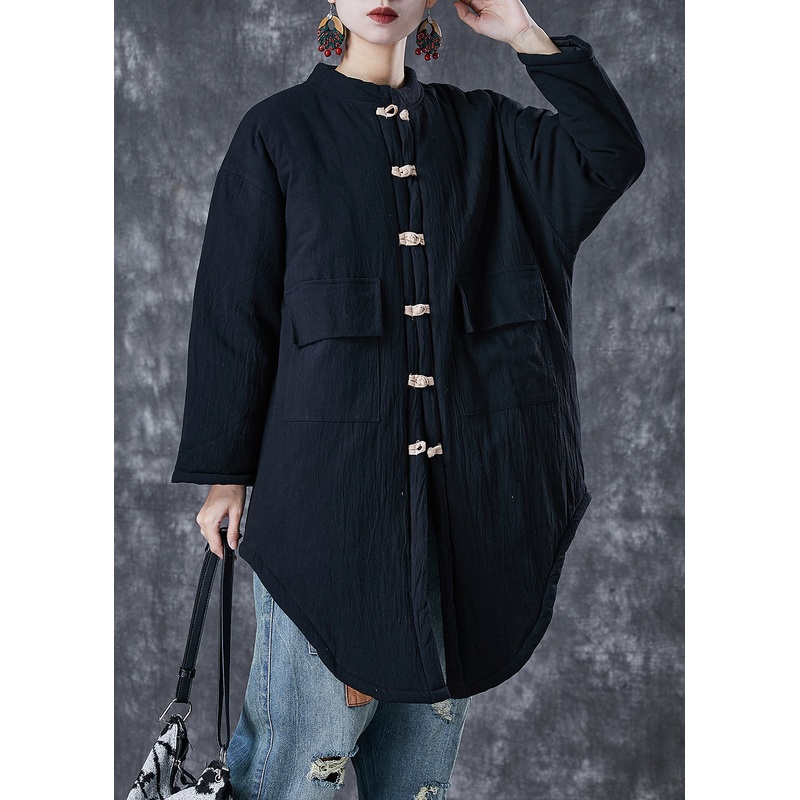 Handmade Black Chinese Button Pockets Fine Cotton Filled Puffer Jacket Winter