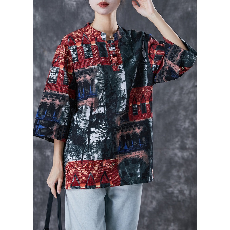 Italian Black Tie Dye Oversized Linen Blouses Half Sleeve