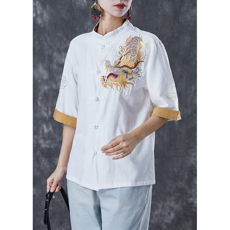Italian White Embroideried Linen Blouse Tops Short Sleeve