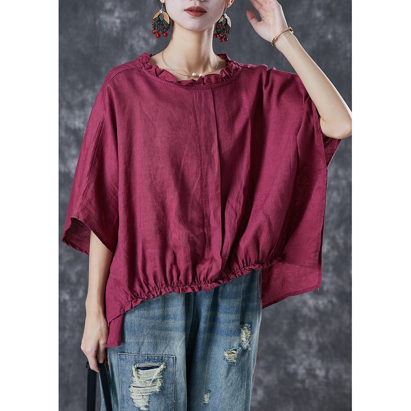 Mulberry Loose Linen Shirt Top Ruffled Batwing Sleeve