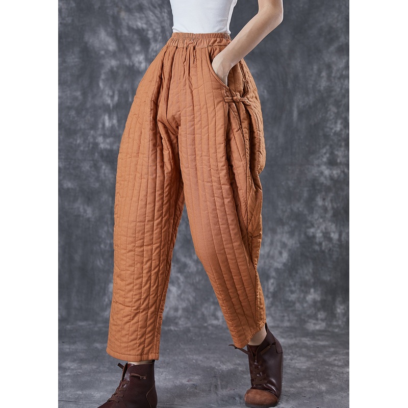 Natural Orange Oversized Chinese Button Fine Cotton Filled Pants Winter