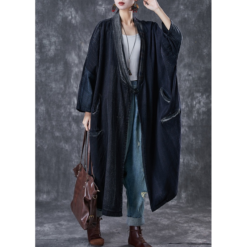 Organic Navy Oversized Chinese Button Cotton Trench Coats Spring