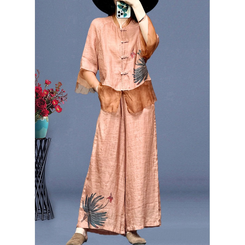 Pink Embroideried Button Linen Shirts And Wide Leg Pants Linen Summer