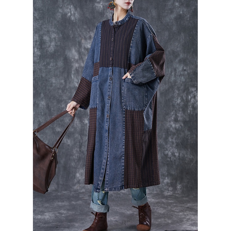 Plus Size Navy Oversized Patchwork Applique Denim Trench Coat Spring
