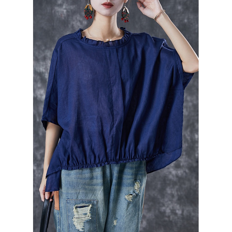 Plus Size Navy Ruffled Low High Design Linen Top Short Sleeve