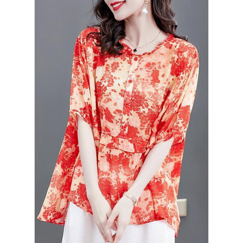 Plus Size Red Ruffled Print Patchwork Chiffon Tops Summer
