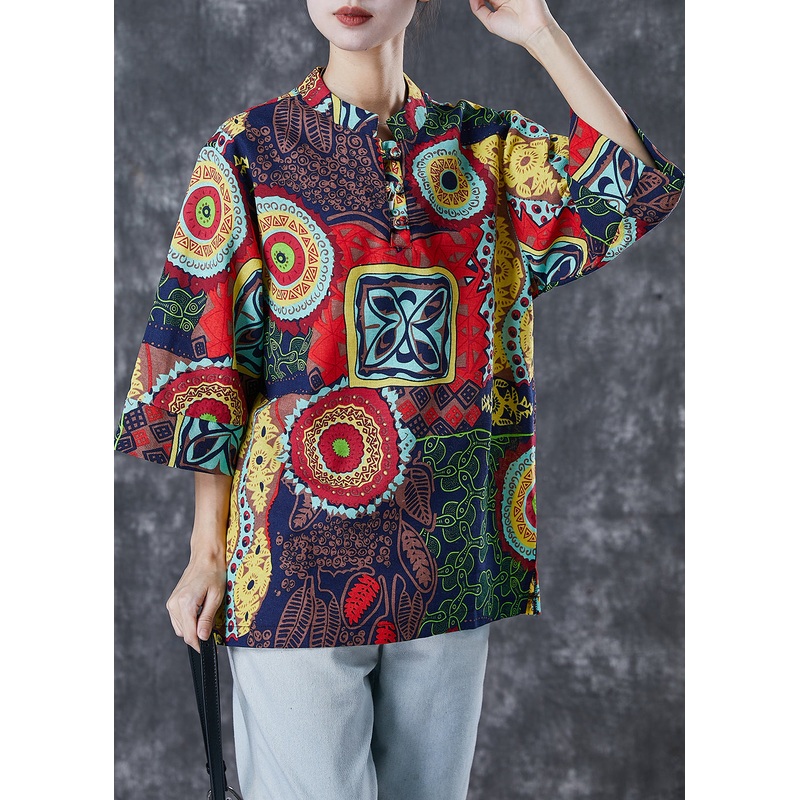 Red Print Linen Blouses Mandarin Collar Half Sleeve
