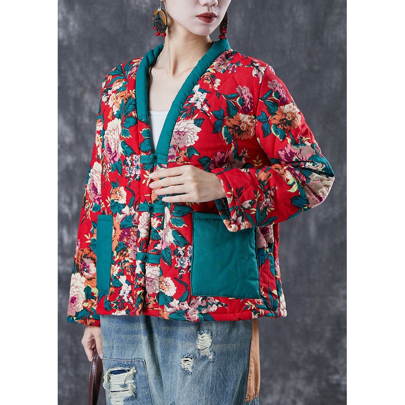Red Print Patchwork Fine Cotton Filled Jacket Pockets In Winter