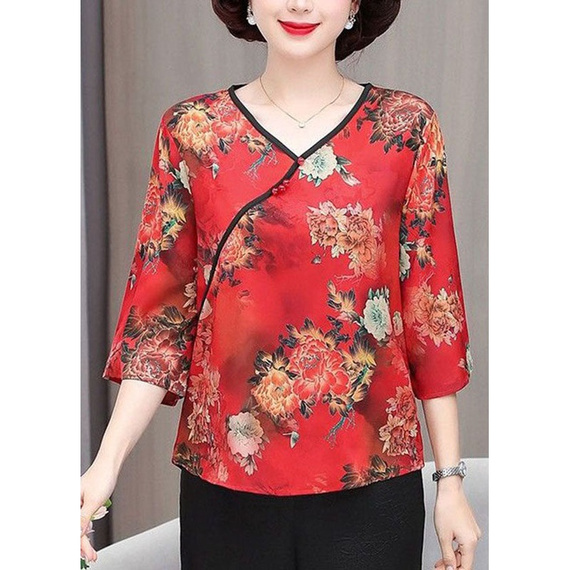 Red Print Patchwork Silk Top V Neck Bracelet Sleeve