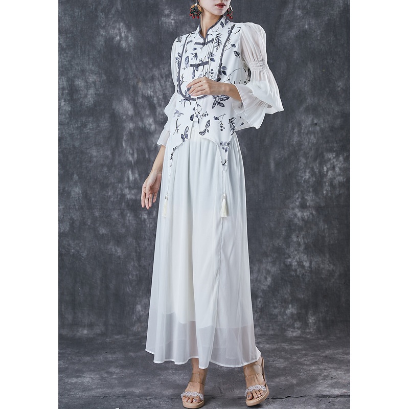 Silm Fit White Tasseled Print Chiffon Women Sets 2 Pieces Spring