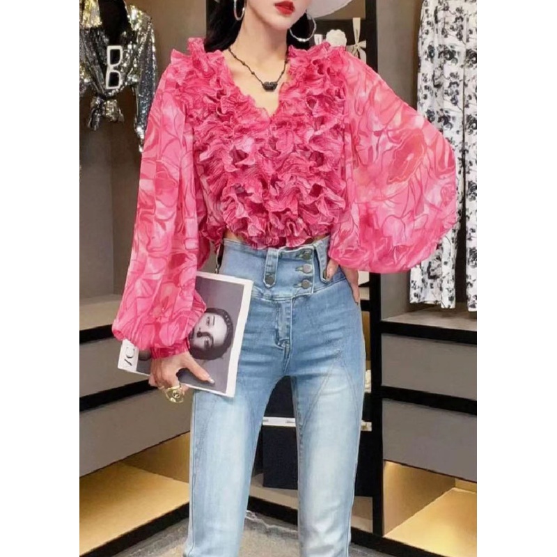 Style Rose V Neck Ruffled Print Patchwork Chiffon Shirt Top Summer