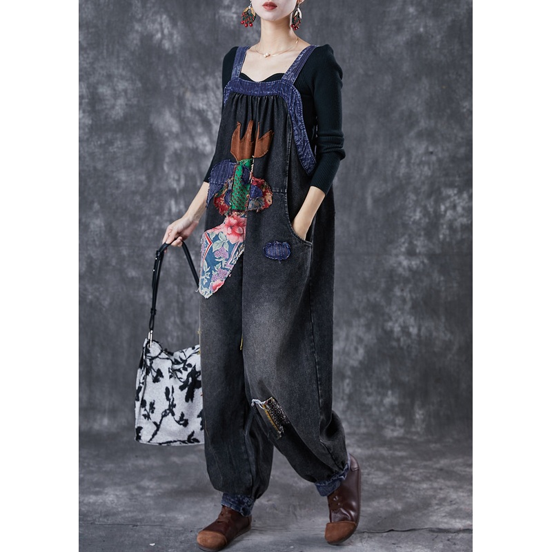 Stylish Black Oversized Patchwork Applique Denim Overalls Jumpsuit Spring