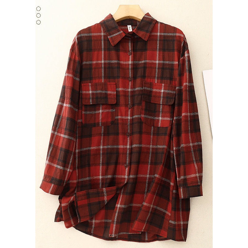 Unique Dark Red Oversized Plaid Linen Shirt Tops Spring