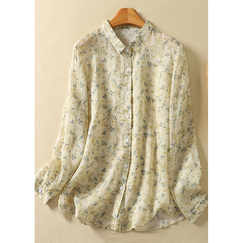 Unique Light Yellow Oversized Print Linen Shirt Tops Spring