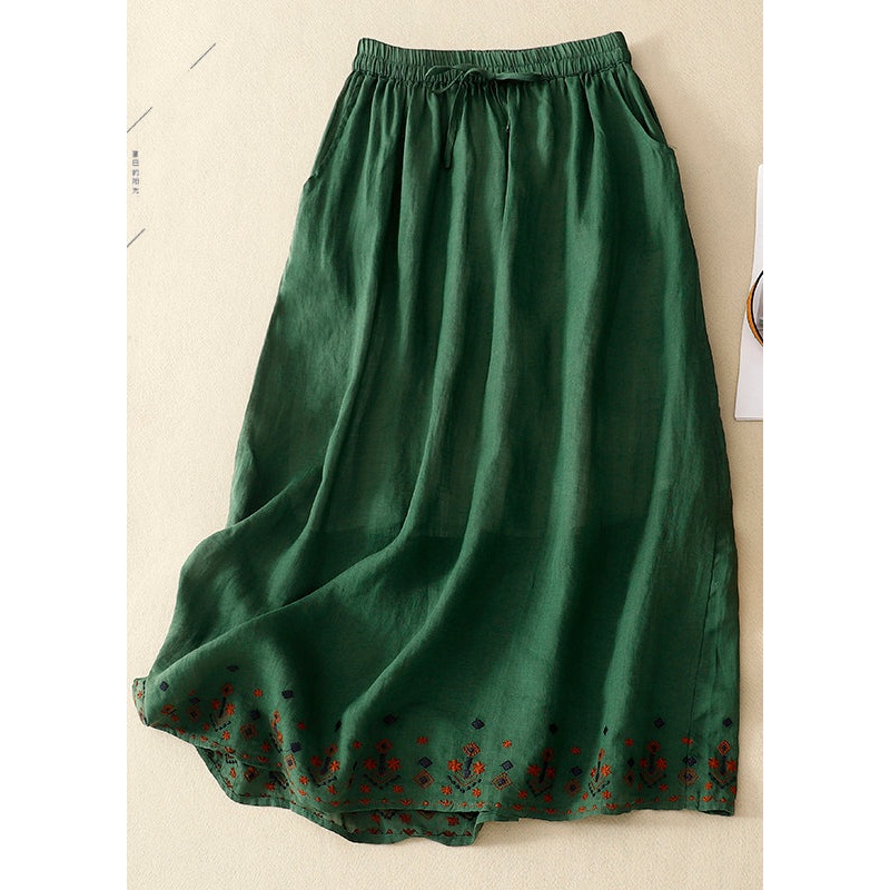 Vintage Green Embroidered Linen A Line Skirt Summer