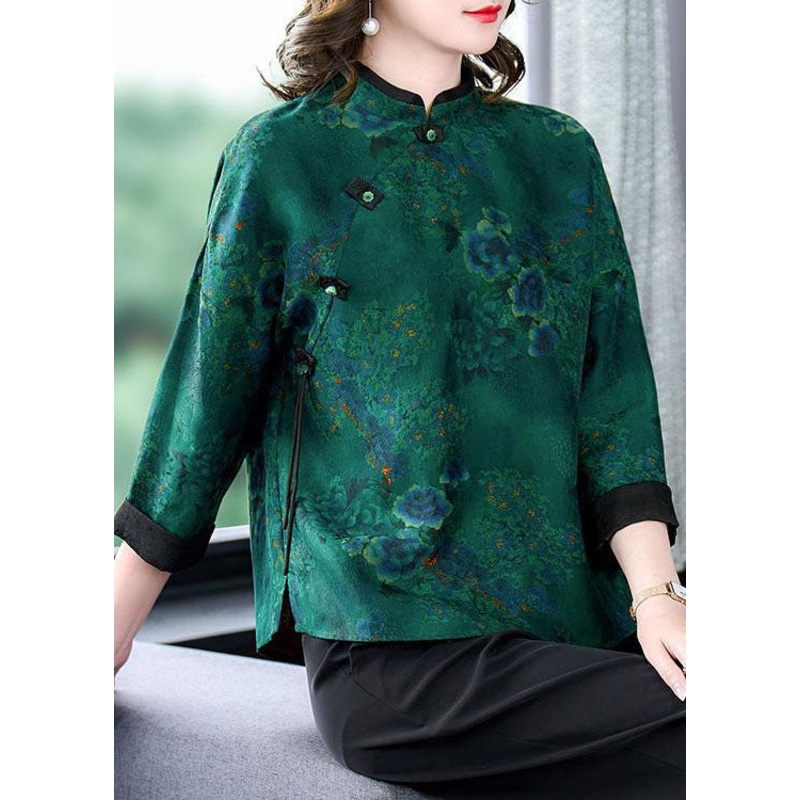 Vintage Green Stand Collar Print Button Patchwork Silk Top Spring