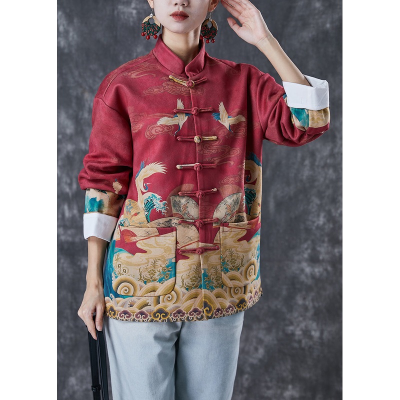 Vintage Red Mandarin Collar Print Cotton Shirt Top Spring