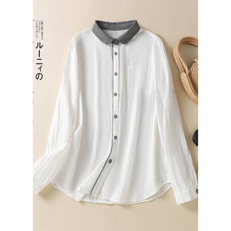 Vintage White Peter Pan Collar Patchwork Linen Shirt Top Spring