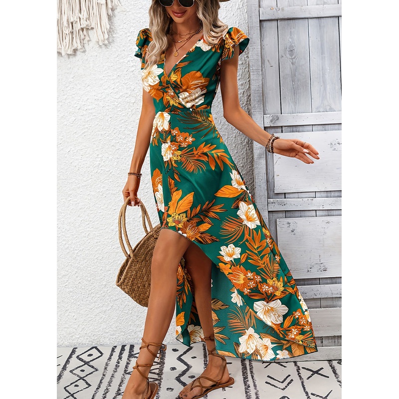 Vogue Blue V Neck Print Low High Design Cotton Long Dress Summer