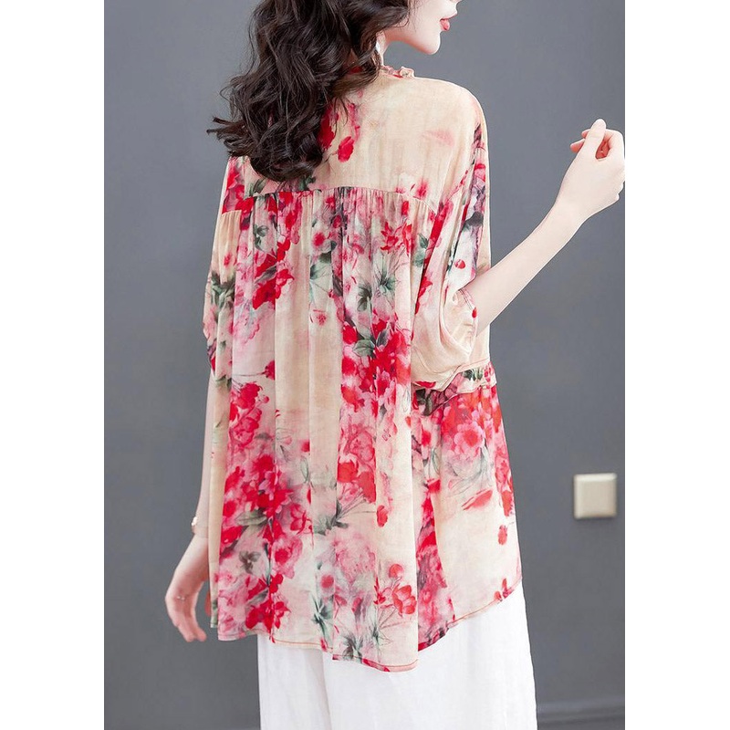 Watermelon Red O-Neck Button Chiffon Shirt Short Sleeve